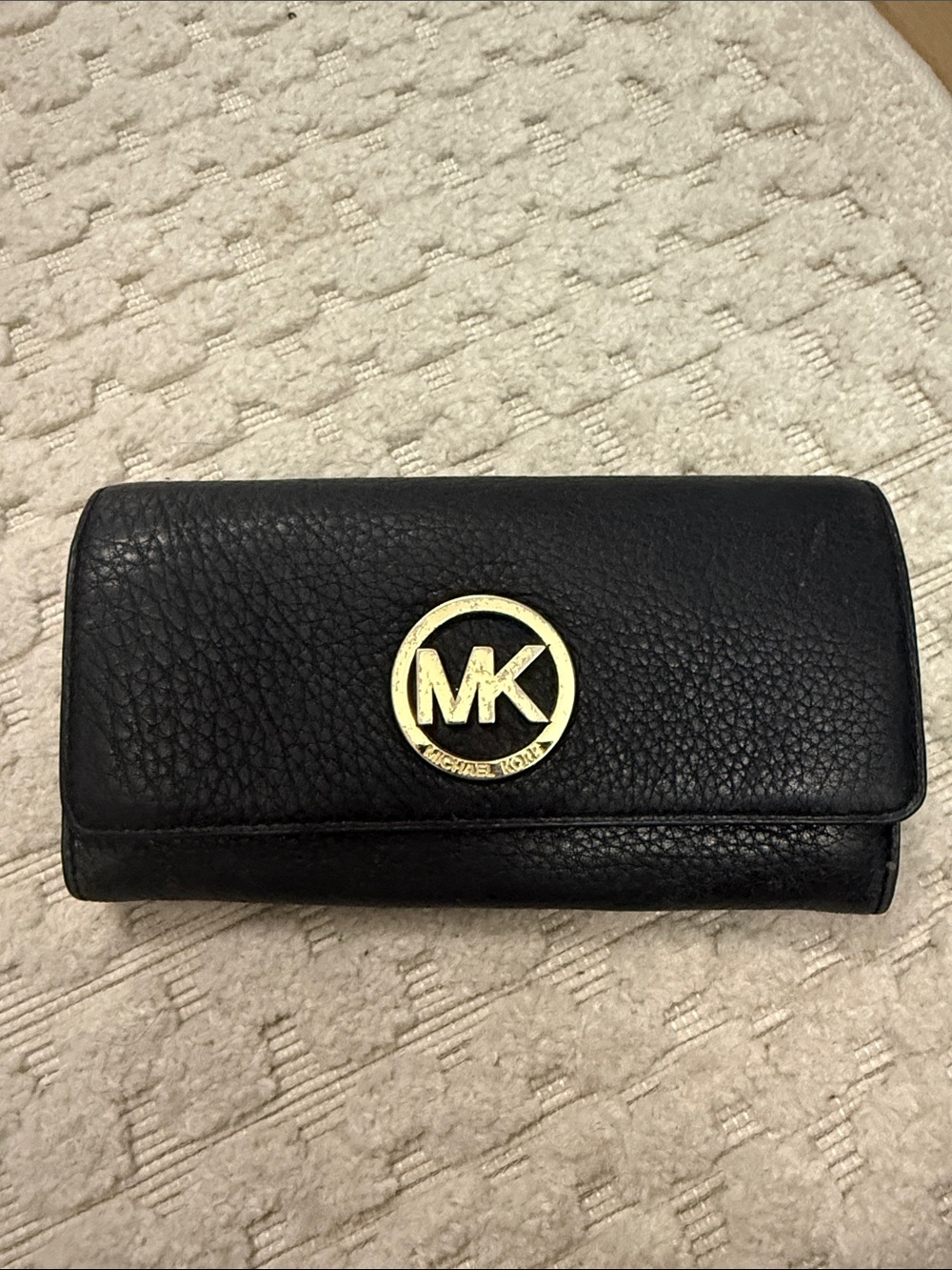 Michael Kors Black Pebbled Leather Continental Wallet with Gold MK Emblem